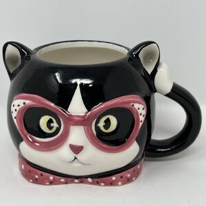 12-Oz Kitty Cat 3D Ceramic Coffee Mug Pink Eye Glasses Tea Cup Black White Pink
